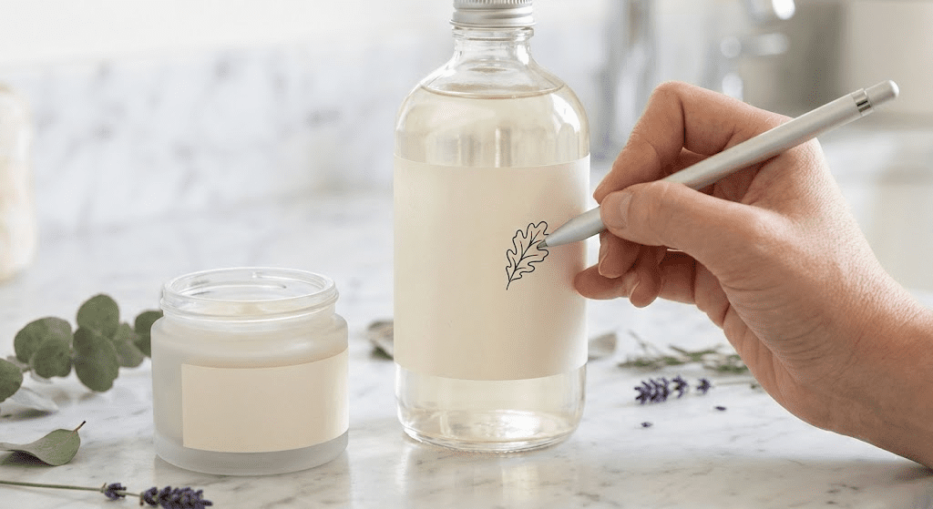 A close-up of a designer using a stylus to draw a unique oak leaf logo onto a custom paper label on a high-quality, clear glass private label shampoo bottle, illustrating the personalized branding and customization options available.