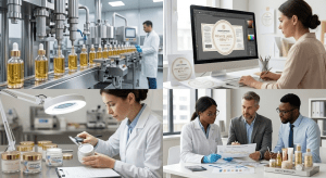 A comprehensive grid image showcasing DeEnterprises' four primary full-service capabilities: 1) Automated private label cosmetic manufacturing production line filling bottles. 2) A designer creating complex skincare label graphics on a computer screen for 'PRIVATE LABEL BEAUTY.' 3) A quality control specialist inspecting finished private label jars. 4) A collaborative meeting of professionals, chemists, and managers reviewing a development timeline for a 'DEENTERPRISES' private selection. This image emphasizes quality, capabilities, and partnership.