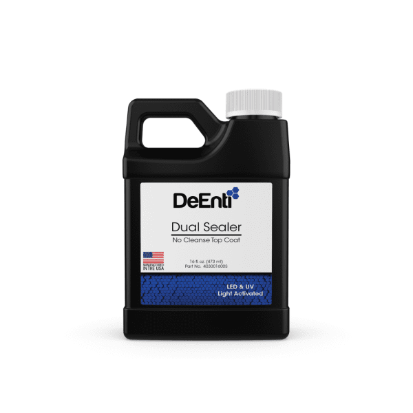 A 16 fl oz (473 ml) black refill jug of DeEnti Dual Sealer, a professional no cleanse top coat.