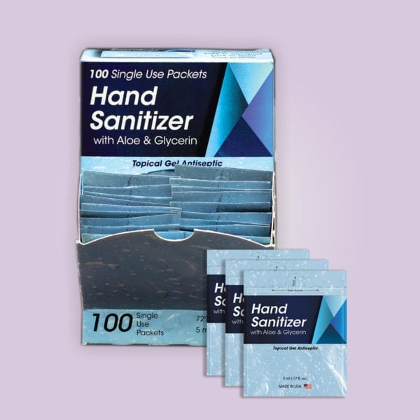 Hand Sanitizer Sachets and dispense box.