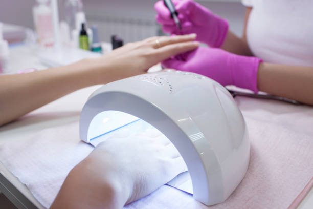 The gel manicure process.