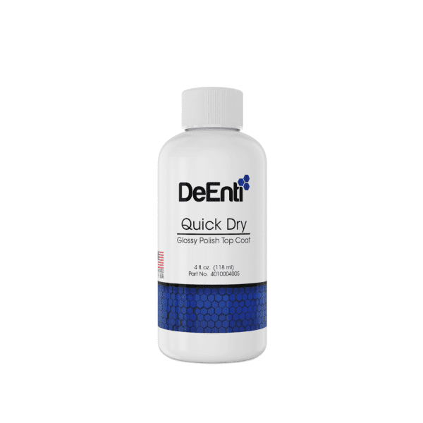 DeENTI Quick Dry Glossy Nail Polish Top Coat in an 4 fl. oz. (118 ml) bottle against a white background, featuring a fast-drying, high-shine formula for chip-resistant manicures.