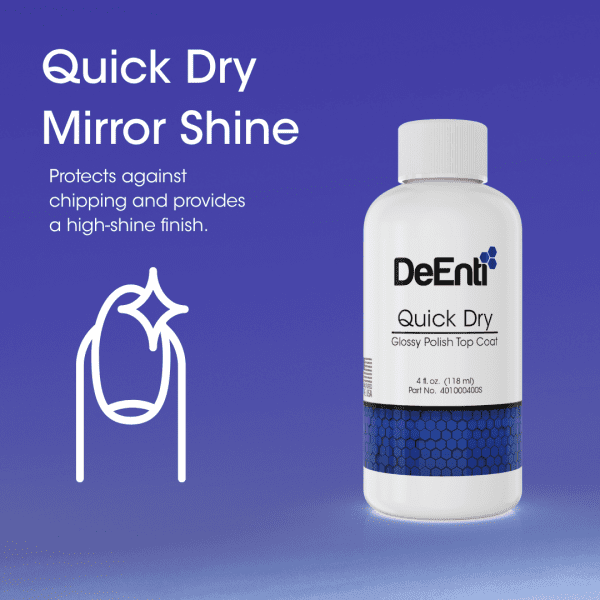 DeENTI Quick Dry Glossy Nail Polish Top Coat in an 8 fl. oz. (236 ml) bottle on a blue gradient background, offering a fast-drying, mirror-shine finish with chip protection. Features a nail icon with sparkle and a "Made in the USA" badge.