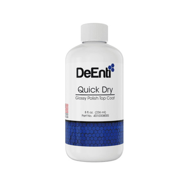 DeENTI Quick Dry Glossy Nail Polish Top Coat in an 8 fl. oz. (236 ml) bottle against a white background, featuring a fast-drying, high-shine formula for chip-resistant manicures, with a "Made in the USA."