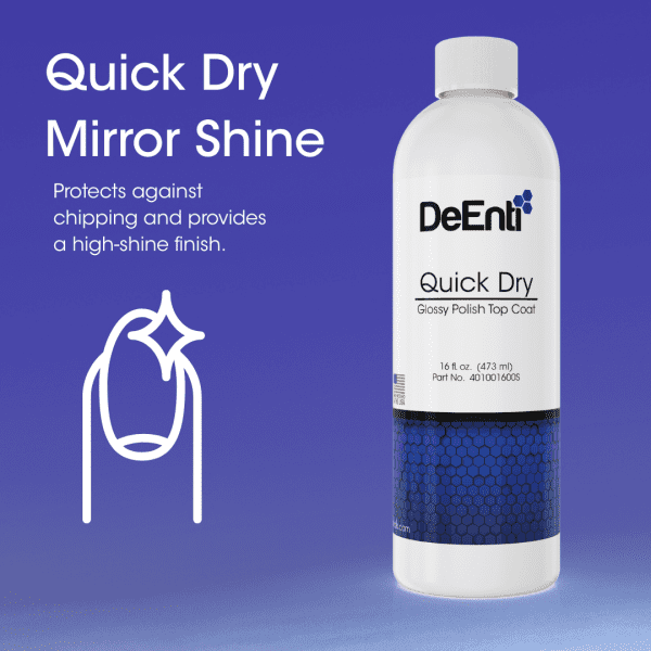 DeENTI Quick Dry Glossy Nail Polish Top Coat in a 16 fl. oz. (473 ml) bottle against a blue gradient background, showcasing a fast-drying, high-shine formula that prevents chipping. Includes a nail icon with sparkle and a "Made in the USA" badge.