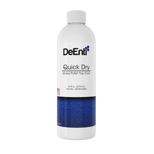 DeENTI Quick Dry Glossy Nail Polish Top Coat in a 16 fl. oz. (473 ml) bottle against a white background, featuring a fast-drying, high-shine formula for long-lasting manicure protection, with a "Made in the USA" badge and part number 4010016C005.