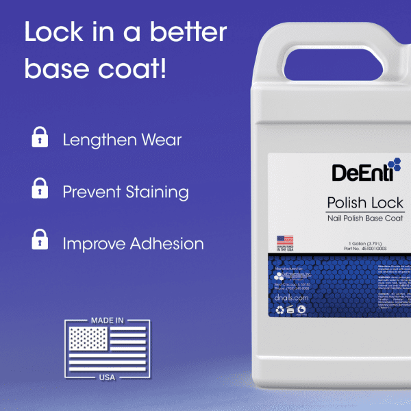 DeEnti Polish Lock Nail Polish Base Coat 16 fl. oz. bottle with white cap, featuring text highlighting benefits like "Lengthen Wear," "Prevent Staining," "Improve Adhesion," and "Made in USA" on a blue background.
