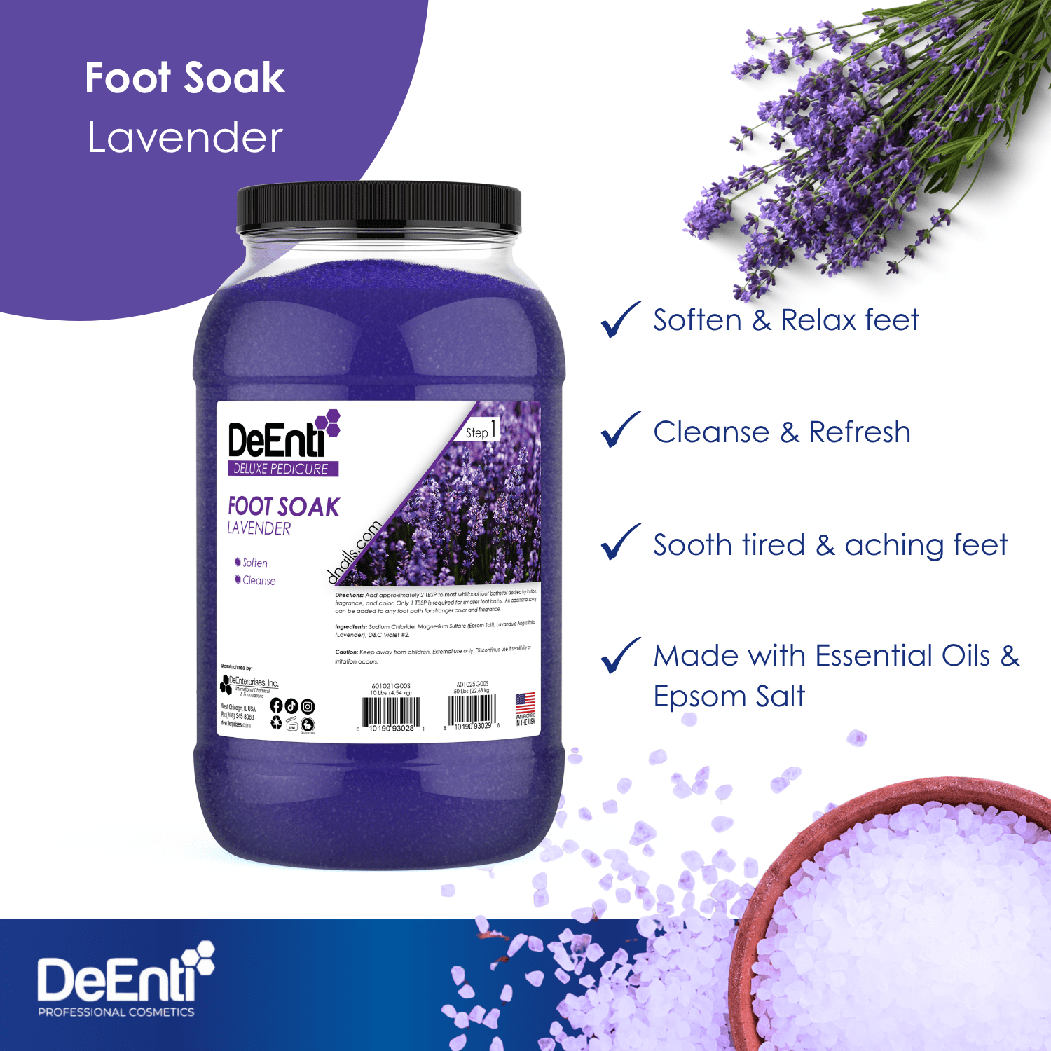 An infographic for DeEnti Lavender Foot Soak listing four key benefits: Soften & Relax feet, Cleanse & Refresh, Soothe tired & aching feet, and Made with Essential Oils & Epsom Salt.