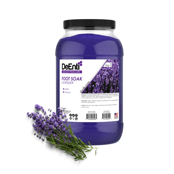 A 10 lbs professional jar of DeEnti Lavender Foot Soak, filled with vibrant purple bath salts, shown with a fresh bundle of lavender flowers.