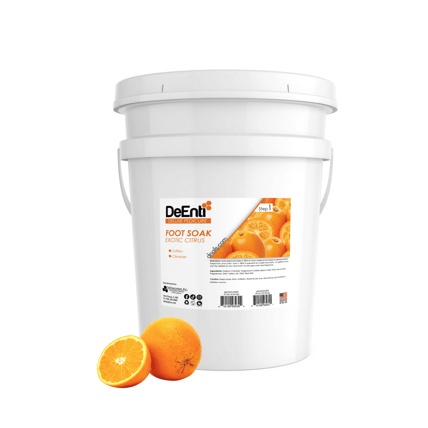 A 20kg bulk pail of DeEnti Exotic Citrus Foot Soak, designed for high-volume professional salons, with fresh oranges next to it.