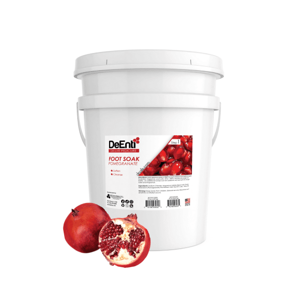 A 20kg bulk pail of DeEnti Pomegranate Foot Soak, the economical choice for professional spas offering luxurious pedicure treatments.