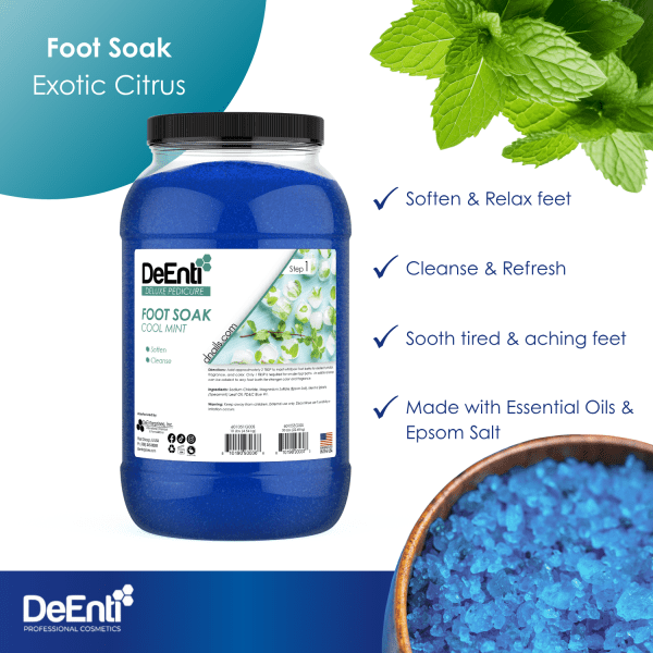 An infographic for DeEnti Cool Mint Foot Soak listing four key benefits: Soften & Relax feet, Cleanse & Refresh, Soothe tired & aching feet, and Made with Essential Oils & Epsom Salt.