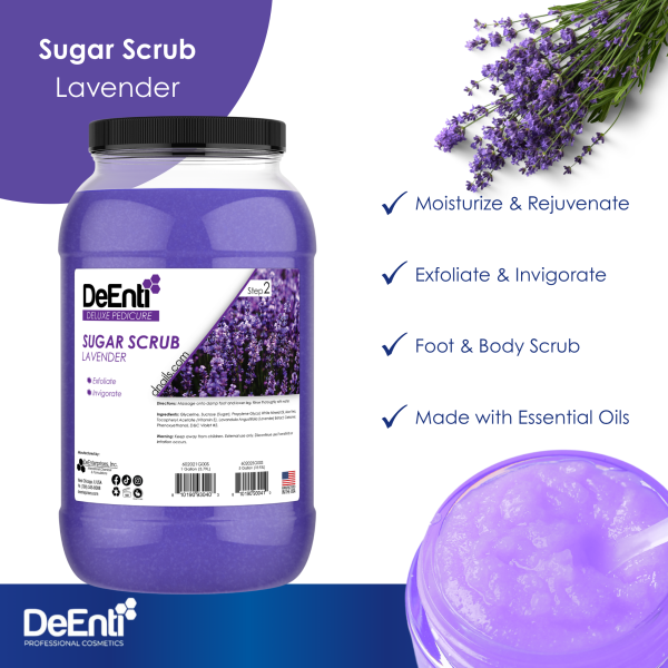 One-gallon jar of DeEnti Lavender Sugar Scrub with checkmarks listing its benefits, including moisturizing, exfoliating, and its suitability as a foot and body scrub made with essential oils.