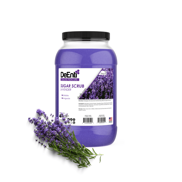 1-gallon jar of DeEnti Lavender Sugar Scrub, a calming exfoliating product for professional pedicures, shown next to fresh lavender sprigs.