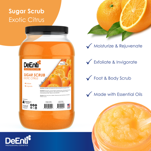 The 1-gallon jar of DeEnti Exotic Citrus Sugar Scrub with checkmarks pointing out four features: it moisturizes, exfoliates, is a foot & body scrub, and is made with essential oils.