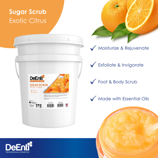 The 5-gallon pail of DeEnti Exotic Citrus Sugar Scrub highlighting four key benefits: Moisturize & Rejuvenate, Exfoliate & Invigorate, Foot & Body Scrub, and Made with Essential Oils.