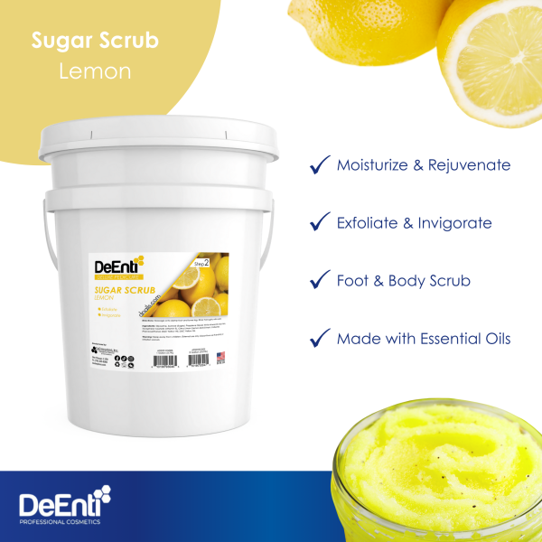 The 5-gallon pail of DeEnti Lemon Sugar Scrub highlighting four key benefits: Moisturize & Rejuvenate, Exfoliate & Invigorate, Foot & Body Scrub, and Made with Essential Oils.