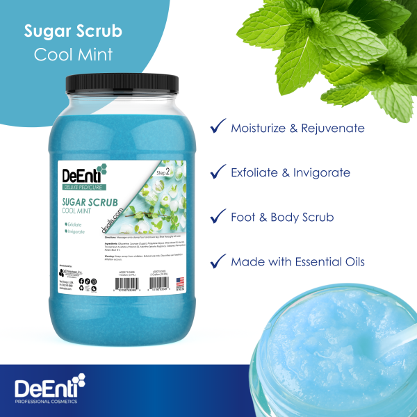 The 1-gallon jar of DeEnti Cool Mint Sugar Scrub with checkmarks highlighting its four features: it moisturizes, exfoliates, works as a foot & body scrub, and contains essential oils.