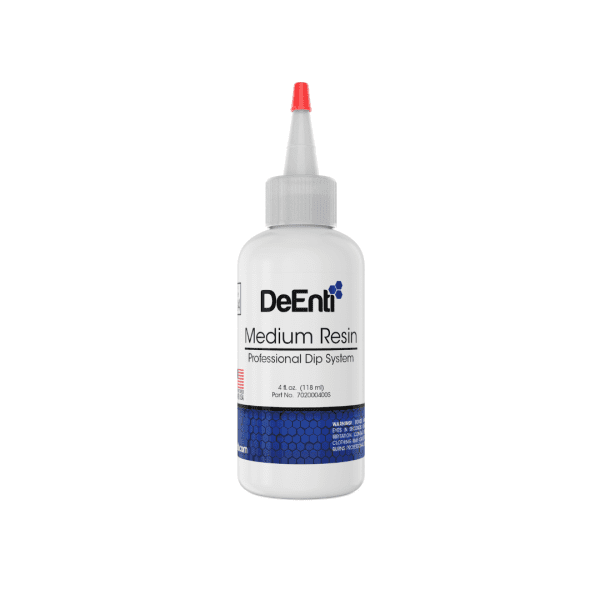 A 4 fl oz (118 ml) white refill bottle of DeEnti Medium Resin with a red precision tip, part of the Professional Dip System.