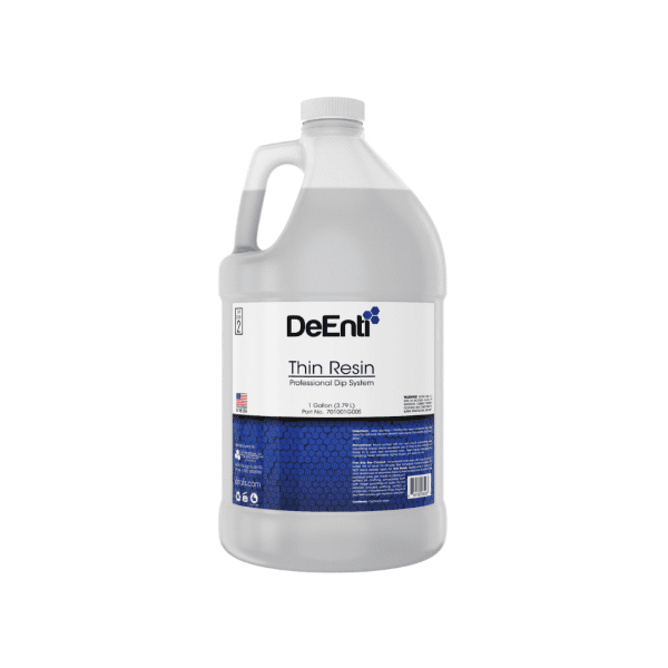 A one-gallon (128 fl oz) jug of DeEnti Thin Resin, the most economical base coat solution for large-scale nail salons and beauty schools.