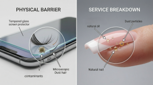 Macro, side-by-side diagram visualization in a clinical illustrative style. The left panel, against a grey background and labeled 'PHYSICAL BARRIER', shows a smartphone screen with a circular bubble containing magnified contaminants like an eyelash, dust particle, and microscopic hair physically separating the tempered glass protector bond. The right panel, against a grey background and labeled 'SERVICE BREAKDOWN', shows a cutaway cross-section of an acrylic nail on a natural nail. Magnified illustrative contaminants, including droplets of natural oil and dust particles (visualized like the contaminants in the screen protector panel), are trapped, causing a distinct bond separation gap and 'lifting' of the enhancement. No product branding is visible.