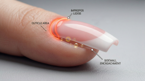 Detailed diagrammatic 3D cutaway close-up photograph of a natural fingernail with a pink and white French acrylic enhancement, focused on the 'cuticle area' and 'sidewall' region. The natural nail plate is visibly textured (proper preparation) and the eponychium (cuticle skin) is healthy. A prominent, highlighted red-orange illustrative glow traces a thick, improper acrylic application ledge that is touching the cuticle skin instead of the nail plate. The transparent acrylic layer visibly 'lifts' at this point, indicating bond failure. Labeled call-out lines point to 'IMPROPER LEDGE', 'CUTICLE CONTACT ZONE', and 'SIDEWALL ENCROACHMENT', explicitly demonstrating an improper application leading to 'SERVICE BREAKDOWN' and product lifting.
