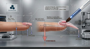DeEnterprises diagram illustrating the physics of leverage on stiletto nail extensions. Shows why proper reinforcement at the pivot point (stress area) with a correctly placed apex is critical to prevent snaps on longer enhancements.