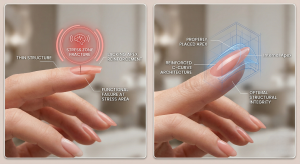 High-impact side-by-side comparison. Left: educational callout of a flat, improperly sculpted acrylic nail that has snapped at the stress area due to lack of reinforcement. Right: the same nail pose with perfect architecture, ghosting the internal apex and c-curve.