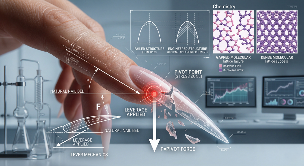 DeEnterprises master educational diagram visualizing the functional breakdown of an acrylic nail snap. Combines macro structure (lever mechanics and apex failure) with molecular chemistry (brittle lattice failure) vs. successful architecture.