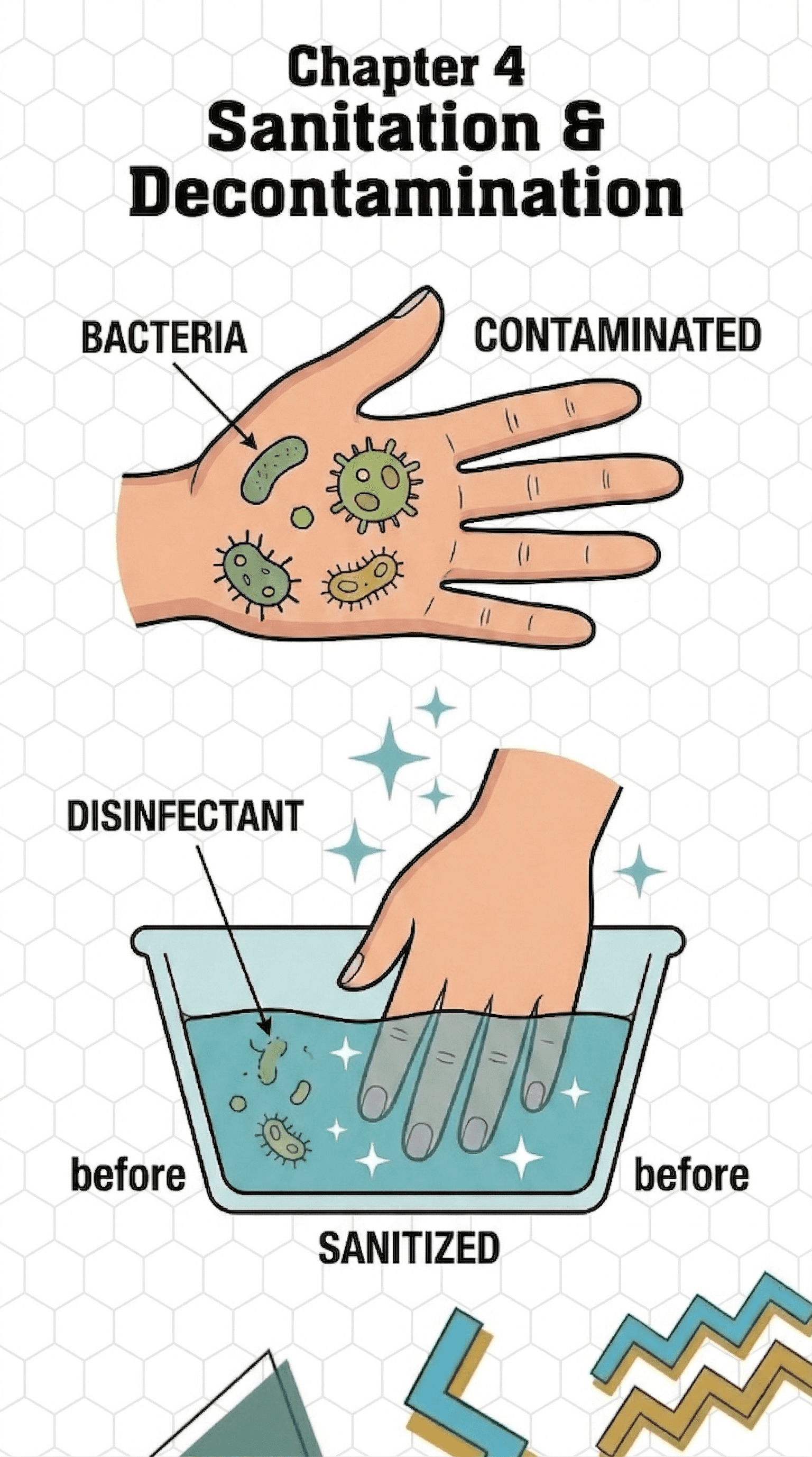 Diagram illustrating nail tech sanitation: a contaminated hand showing bacteria versus a sanitized hand safely soaking in a professional disinfectant.
