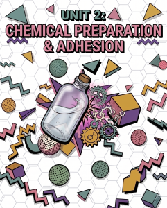 Unit 2: Chemical Preparation and Adhesion cover illustration for an acrylic nail tech guide. A stylized graphic shows a bottle pouring clear liquid that transforms into interlocking gears, symbolizing the chemical bonding and nail prep processes in acrylic nail application.