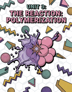 Unit 3: The Reaction: Polymerization. A vibrant illustration showing a purple liquid splashing into a cluster of pink spheres, visually demonstrating the chemical reaction between acrylic monomer liquid and polymer powder in nail enhancement.