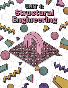Unit 4: Structural Engineering cover page for an acrylic nail enhancement manual. An educational graphic featuring a pink 3D arch on a reinforced grid with downward-pointing arrows, illustrating apex placement, stress areas, and structural integrity in artificial nails.