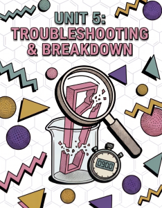 Unit 5: Troubleshooting and Breakdown cover illustration for an acrylic nail educational book. A magnifying glass inspects a cracked structure inside a beaker next to a stopwatch, representing the analysis of acrylic nail lifting, curing times, and chemical breakdowns.