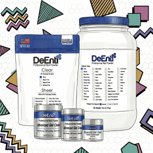 Professional nail powder DeEnti by DeEnterprises: Premium acrylic polymer in multiple sizes, featuring bulk packaged jars and pouches for salon-grade applications.