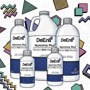 DeEnti by DeEnterprises Nomma Plus Premium EMA Monomer product line in various sizes, 4oz, 8 oz, 16 oz, up to 1-gallon professional bulk containers.