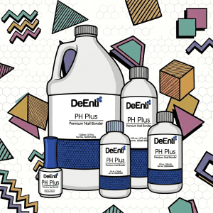 DeEnterprises PH Plus Premium Nail Bonder product family. The image features a gallon jug, refill bottles, and a brush-on polish bottle used for professional nail pH balancing, set against a retro 90s geometric background.
