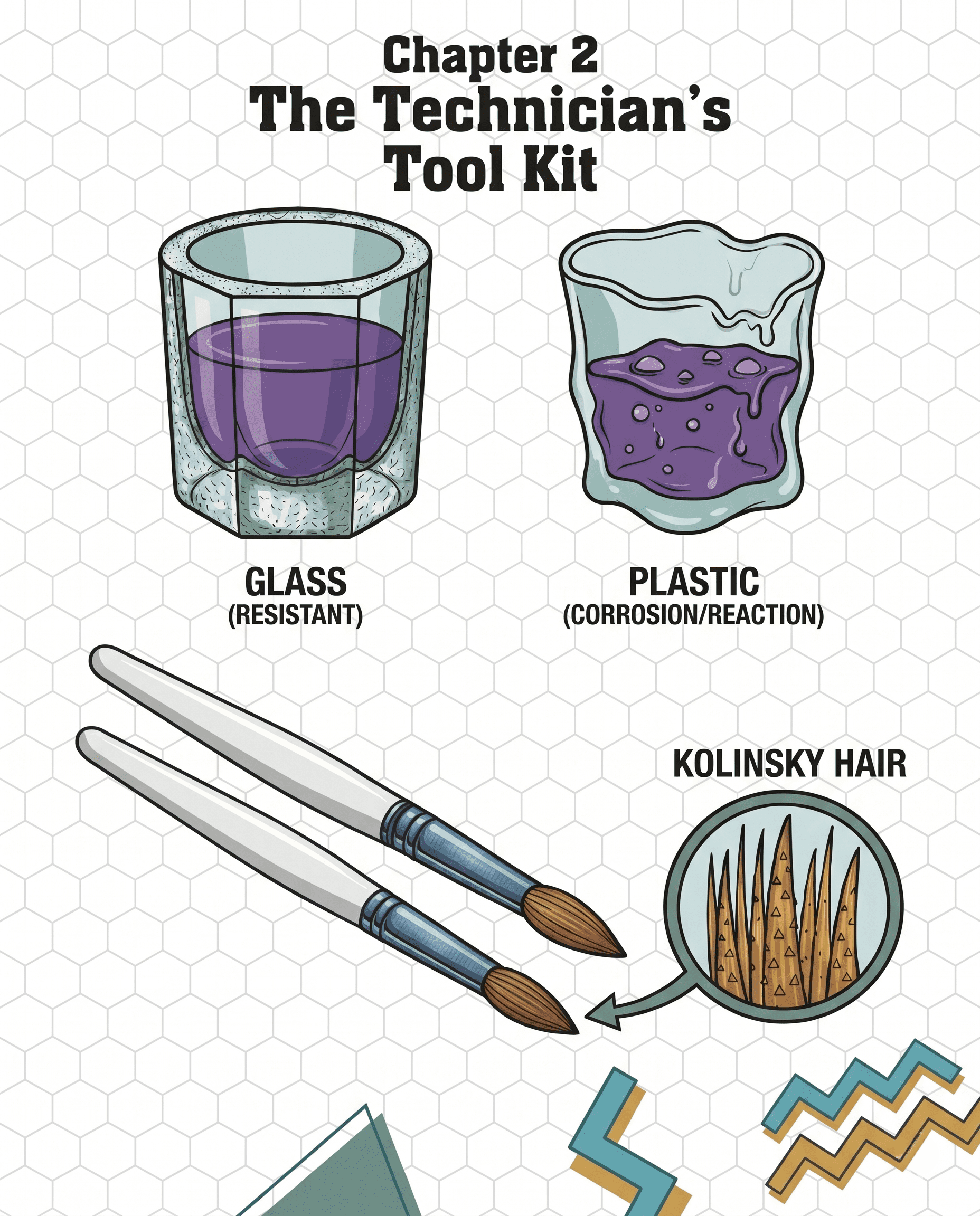 Diagram of essential acrylic nail tools: a chemical-resistant glass dappen dish vs. a corroding plastic dish, and a Kolinsky hair acrylic brush showing microscopic scales for holding monomer liquid.