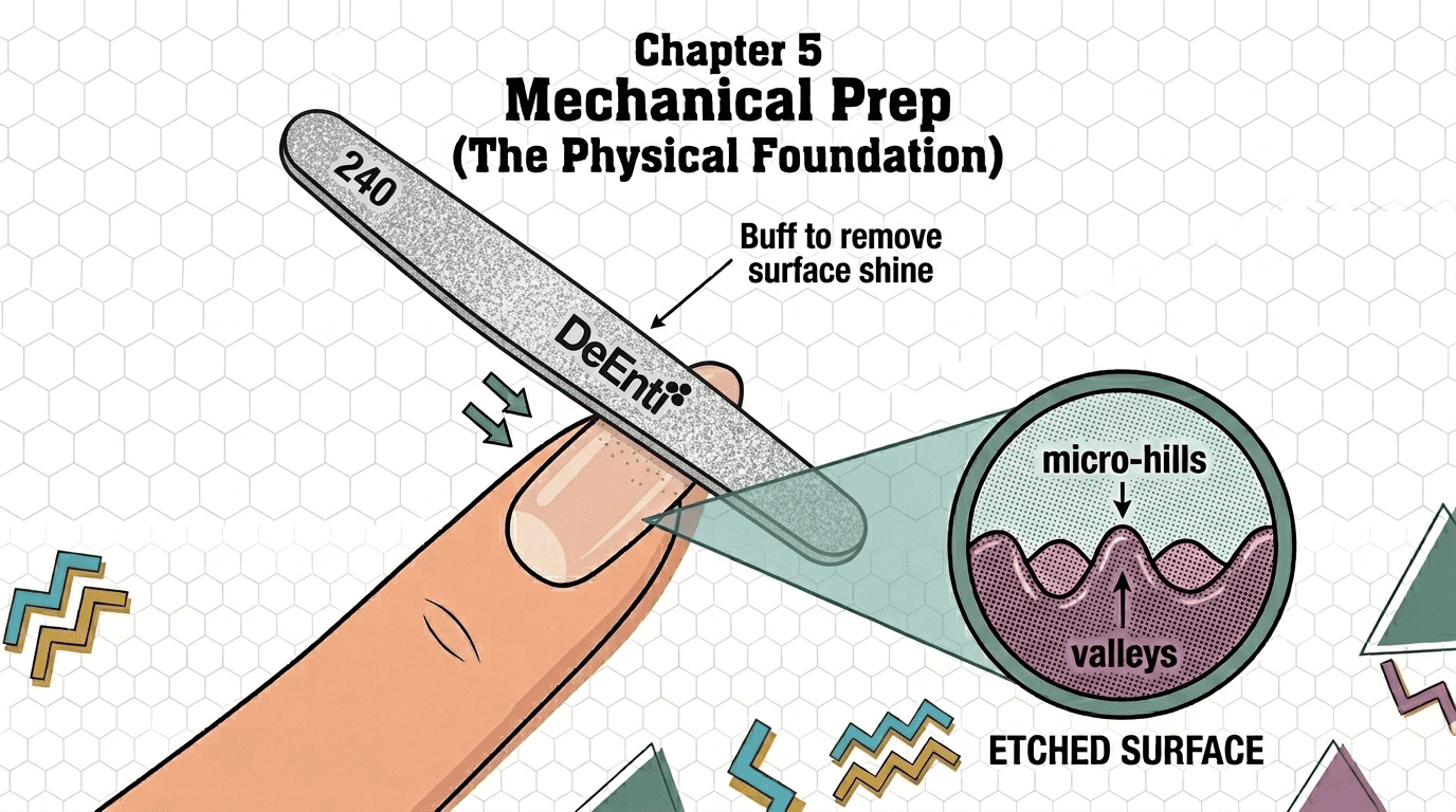 Diagram illustrating mechanical nail prep, showing a DeEnti 240-grit file gently removing surface shine from a natural nail. A magnified cross-section details the microscopic hills and valleys of the etched nail plate required to create a physical foundation for acrylic adhesion.