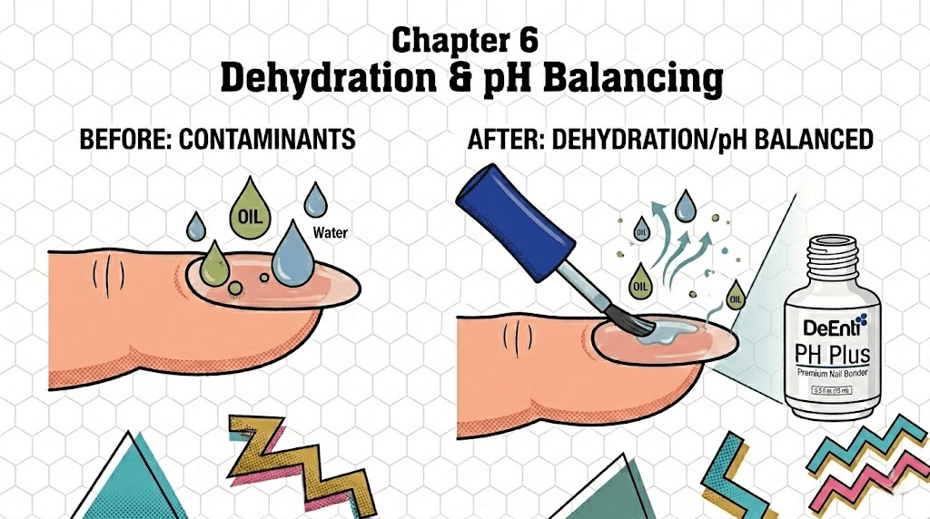 Diagram demonstrating the science of nail dehydration and pH balancing. The "Before" shows oil and water contaminants on the natural nail, while the "After" shows DeEnti PH Plus Bonder evaporating moisture and oils to prepare the keratin surface for maximum acrylic adhesion.