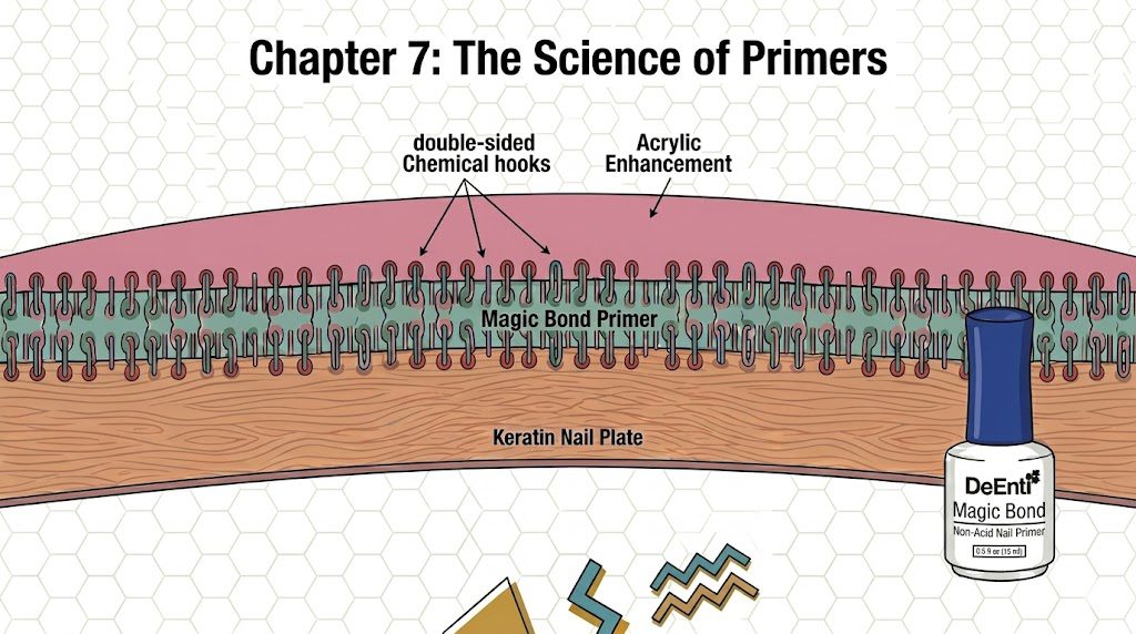 Diagram illustrating how non-acid nail primer works. A cross-section shows DeEnti Magic Bond Primer acting as double-sided chemical hooks, creating a secure covalent bridge between the natural keratin nail plate and the acrylic enhancement to prevent lifting.