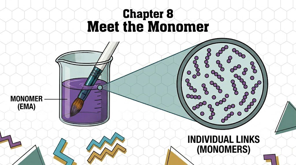 Diagram titled "Chapter 8: Meet the Monomer" explaining acrylic nail chemistry. An illustration of a beaker filled with purple EMA liquid monomer and a nail brush, featuring a magnified view that shows the liquid consists of individual, unlinked purple molecules floating freely.