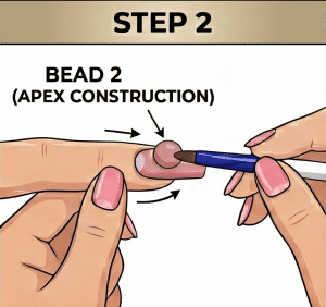 Step 2 of the acrylic 3-bead method, demonstrating a nail technician applying the second bead to the center of the natural nail plate to construct the structural apex.