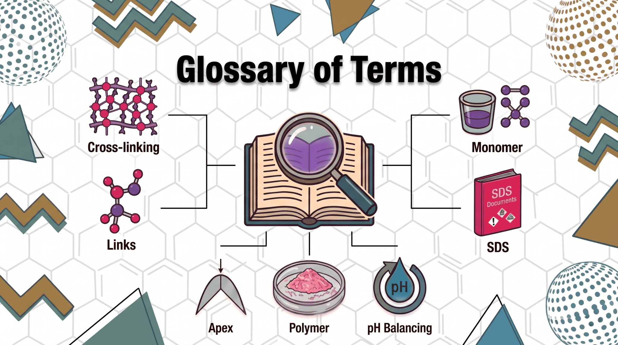 Nail technician glossary of terms explaining essential acrylic nail chemistry, including monomer, polymer, and apex structure suitable for beginners and advanced technicians.
