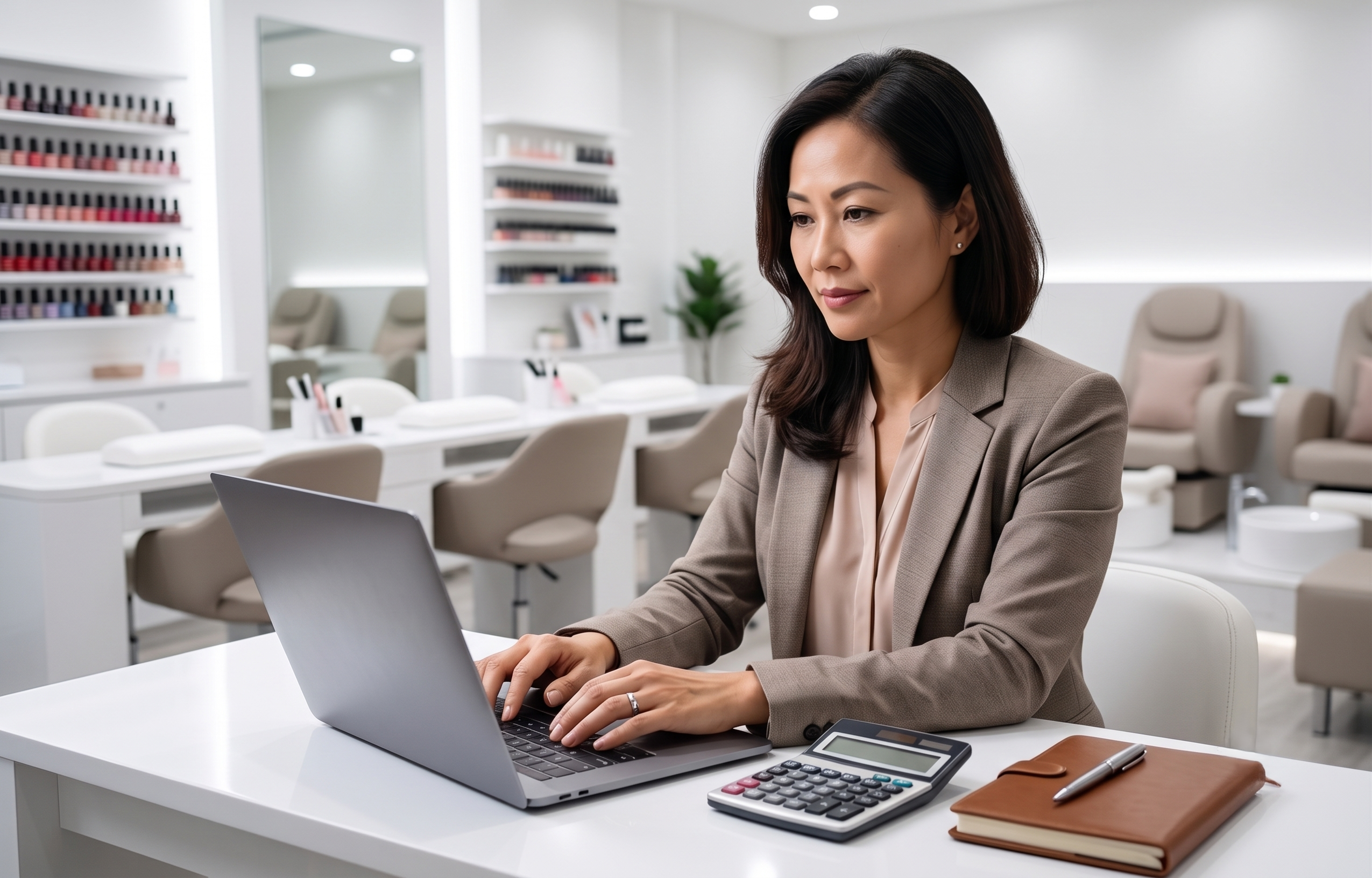 A professional female salon owner in a tan blazer works on a silver laptop at a white desk in a bright, modern nail salon. A calculator, brown leather notebook, and pen rest on the desk beside her.