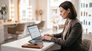 Profile view of a professional female beauty salon manager in a brown blazer reviewing financial spreadsheets on a laptop. She sits at a desk with a calculator and notebook, with illuminated vanity mirrors and styling chairs softly blurred in the background.