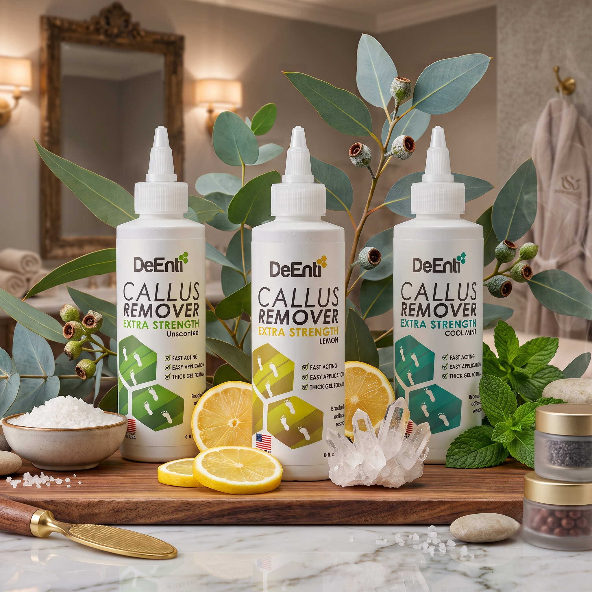 A professional product photograph displaying three bottles of DeEnti Callus Remover Extra Strength (Lemon, Cool Mint, Unscented scents) arranged on a rustic wooden board, surrounded by fresh eucalyptus branches, whole and sliced lemons, mint sprigs, a bowl of sea salt, river stones, and quartz crystal clusters on a marble countertop in a blurred upscale spa background.