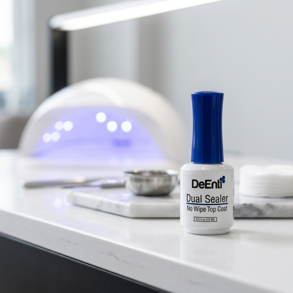DeEnti Dual Sealer no wipe top coat bottle resting on a clean nail salon workstation in front of a UV/LED curing lamp.