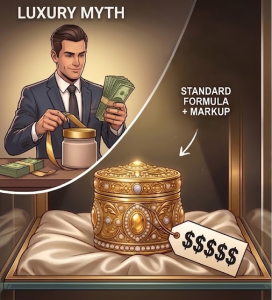A visual breakdown of the luxury myth in the nail industry, showing a corporate markup of standard formulas in an expensive showcase