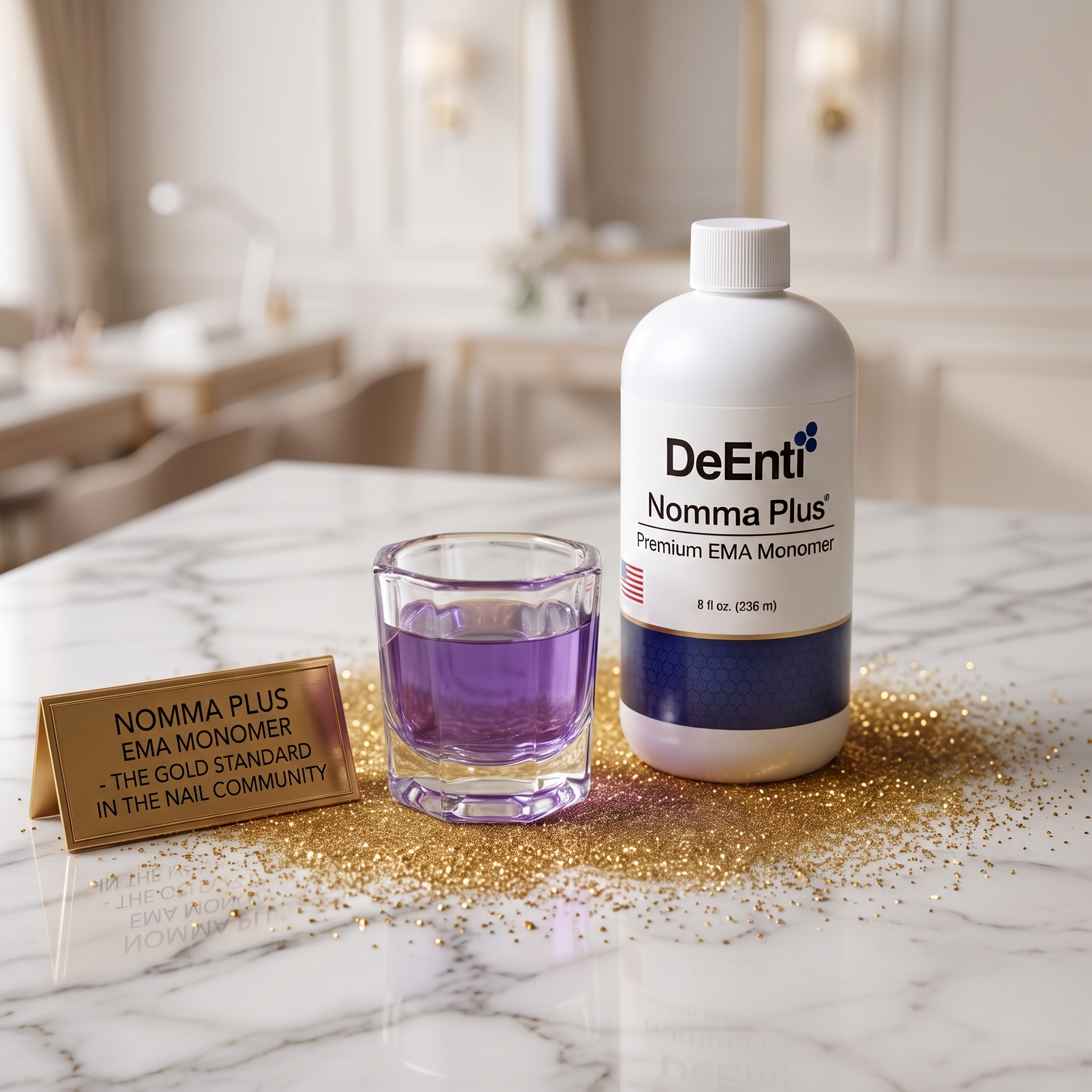 A luxurious product display featuring DeEnti Nomma Plus Premium EMA Monomer, with an 8 oz bottle and dappen dish of purple liquid on a gold glitter marble tabletop. A golden plaque reads, 'NOMMA PLUS EMA MONOMER - THE GOLD STANDARD IN THE NAIL COMMUNITY'.